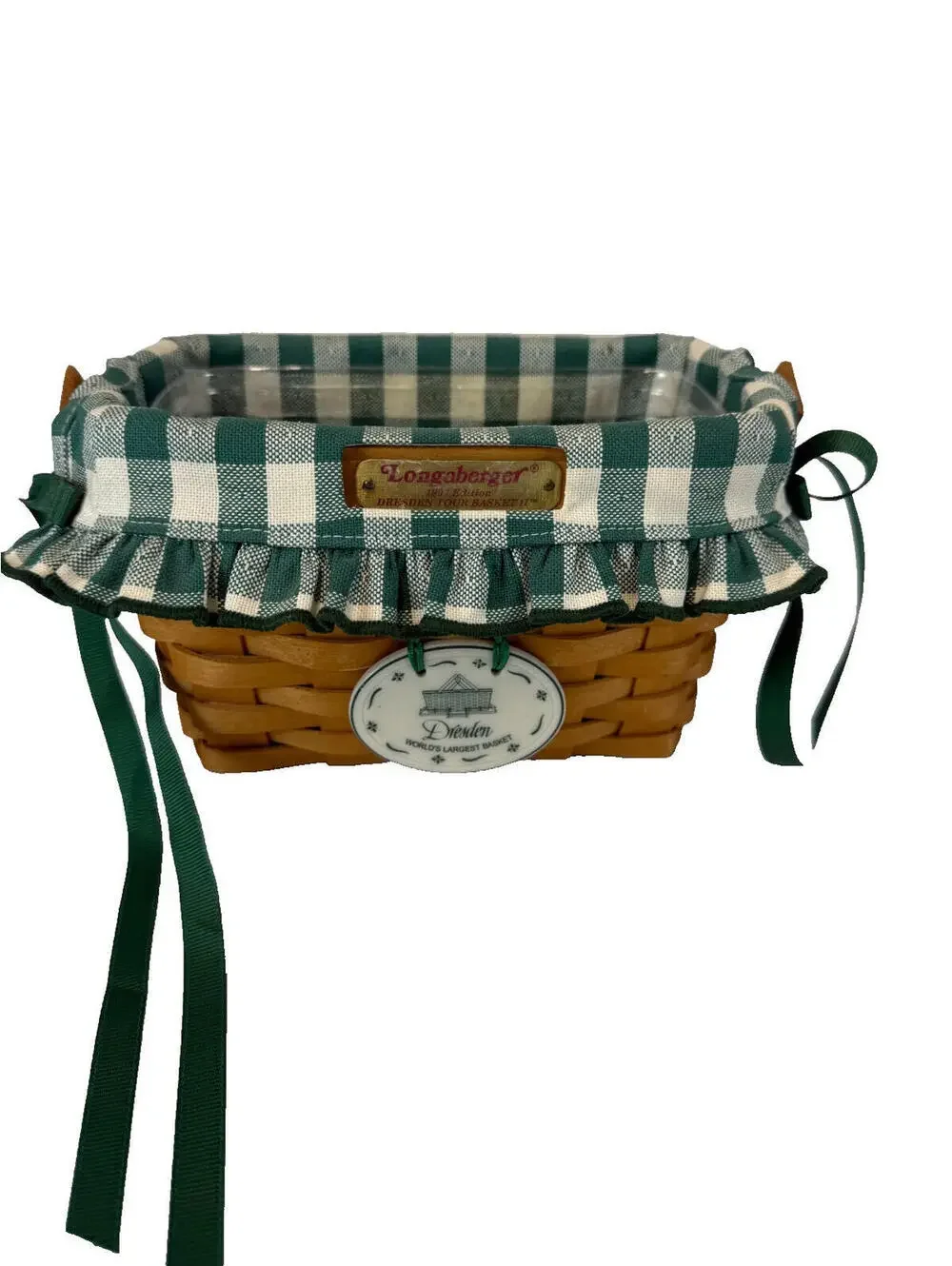 1996 Longaberger Dresden Tour Basket II w/Greed Plaid Liner, Protector & Tie-On